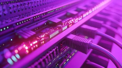 Close Up View Of Illuminated Server Rack With Network Cables