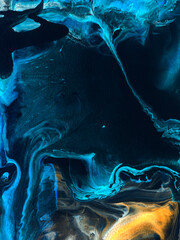 Abstract fantastic painting, dark blue creative hand painted background, ocean, sea, brush and marble texture, acrylic