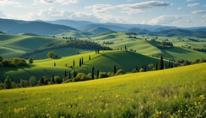 Green Valley Landscape Under Overcast Sky With Rolling Hills And Distant Mountains	
