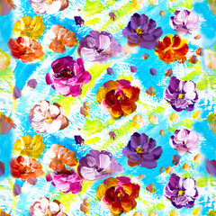 Seamless pattern of abstract flowers, original hand drawn, impressionism style, color texture, brush strokes of paint, art background.