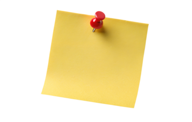 Yellow sticky post it note with red pushpin on Transparent background