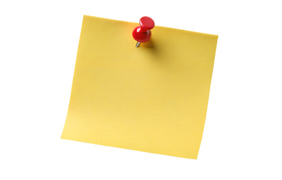 Yellow sticky post it note with red pushpin on Transparent background