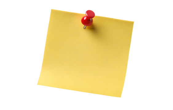 Yellow sticky post it note with red pushpin on Transparent background