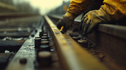 Worker Inspecting Railway Tracks