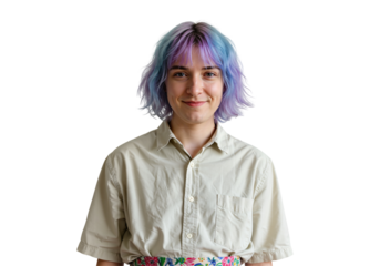 Portrait of a Young Gender-Neutral Individual with Colorful Hair, Wearing a Light-Colored Button-Up Shirt and Floral Skirt, Against a Black Background