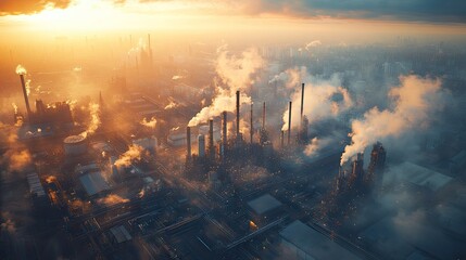 Obraz premium Industrial complex at sunrise with pollution plumes.