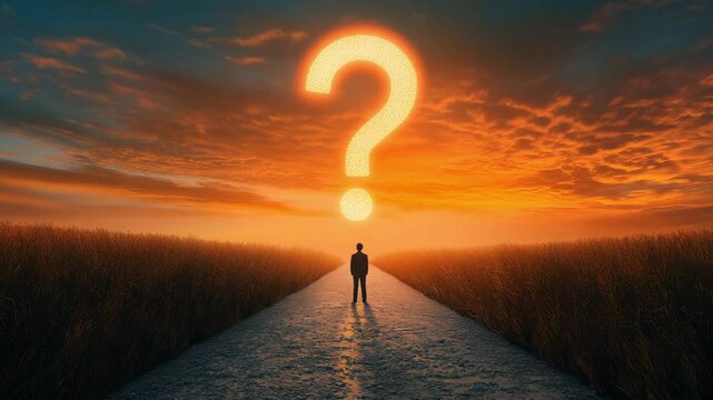 A figure stands on an empty road under a dramatic sky at sunset, pondering a question displayed in the clouds