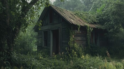 Overgrown rustic wooden cabin in a misty forest.