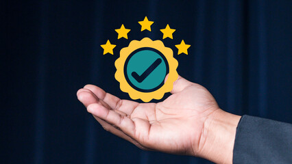 ISO certification concept. Businessman holding and showing the best quality certification with five stars ISO certification and standardization Assurance Standard Product and service guarantee.