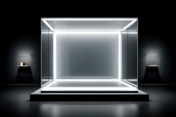 Empty illuminated glass display case.  Dark room,  illuminated white neon light.  Small glass cases flanking the large display