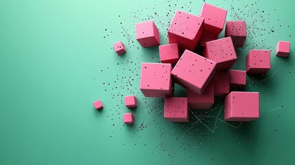 3D cubes in magenta with dark green background, simple vector graphic design showing flat geometric forms and black dots indicating connections between blocks, emphasizing minimalism.
