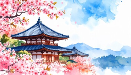 Obraz premium Japanese temple cherry blossoms watercolor concept. Beautiful traditional building surrounded by cherry blossoms and mountains.