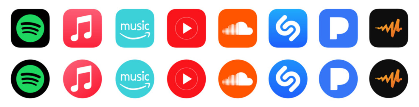 Spotify, Apple music,, Soundcloud, YouTube music, Amazon music, Pandora, Shazam, Audiomack. Popular music streaming services logo icon set 2024. New High resolution vector buttons