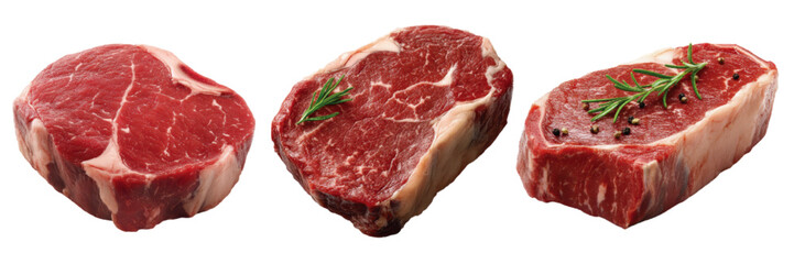 Fresh cuts of beef steak with marbling and herbs on a white background ready for cooking or grilling
