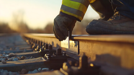 Railroad Worker Inspecting Tracks at Sunset