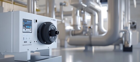 A dosing pump unit on the left, background shows hazy lab pipes, right open for text 