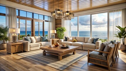 Fototapeta premium Modern Coastal Living Room Design: Luxury Furniture, Decor & Coastal Style Interior
