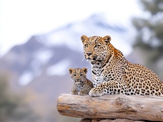 Fototapeta premium Mother and cub leopard on log, snowy mountain backdrop