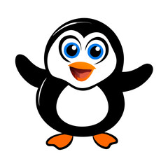 Obraz premium Cheerful cartoon penguin with bright blue eyes and orange beak posing with outstretched wings