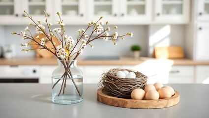 Spring kitchen decor: floral arrangement and easter eggs