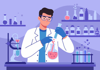 Chemist Conducting Scientific Experiment in Laboratory with Equipment and Glassware