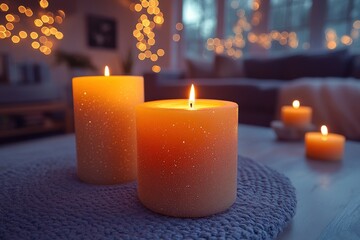 Twinkling Fairy Lights and Glowing Candles Create a Cozy Ambiance in a Warm, Inviting Living Space During the Evening