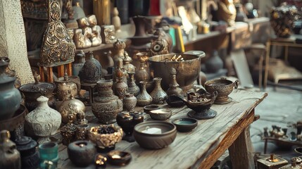 Rustic antique pottery collection displayed on wooden table in traditional market setting