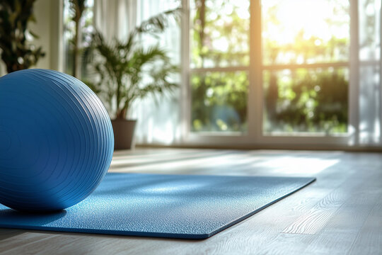 blue yoga ball sits on a blue mat in a room with a window. The room is bright and airy, with a potted plant in the corner. The yoga ball is positioned in the center of the mat