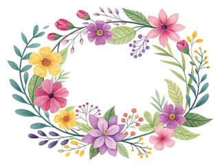 Handcrafted floral wreath with leaves and vines, forming a soft circular shape on white.
