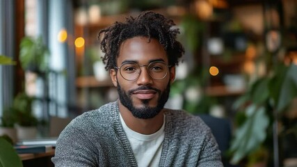 A young man with a beard and glasses confidently stares into the camera, his expression exuding both determination and warmth.