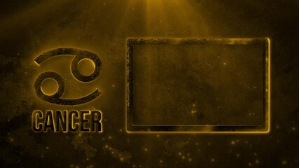 Zodiac sign Cancer with luminous particles and a text frame on the background of an old wall with rays of light. 4K