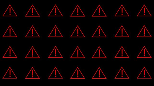 Red warning symbol appears boldly on black background with striking danger theme