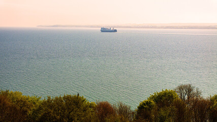 a ferry on the baltic sea coast of germany panorama near travemünde