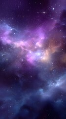 Fototapeta premium A breathtaking cosmic landscape featuring vibrant purple and orange nebulae amidst a star-studded night sky with swirling galaxies and distant celestial bodies