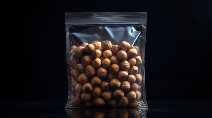 photo of a vacuum-sealed bag filled with fruits/berries studio product photography, hard plastic reflections, soft studio lighting, central composition, shot with 50mm lens, black background, contempo