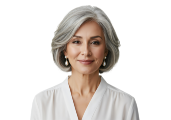 Elegant Senior Woman with Silver Hair and Pearl Earrings Posing Against a Dark Background, Exuding Grace and Confidence