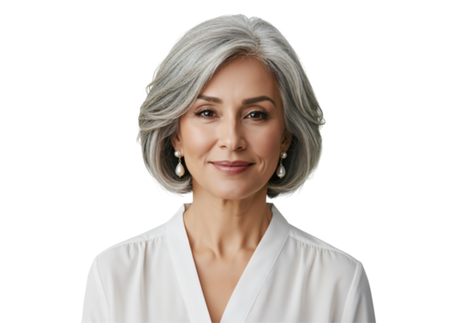 Elegant Senior Woman with Silver Hair and Pearl Earrings Posing Against a Dark Background, Exuding Grace and Confidence