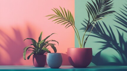 Obraz premium Modern potted houseplants casting shadows on pink and blue wall in trendy minimalist interior decor