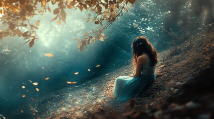 Woman sitting in magical forest with light particles floating around and soft dreamy atmosphere scene