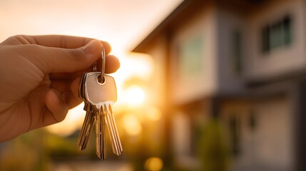 A hand holding a set of keys with a house in the background illuminated by the warm glow of a setting sun creating a welcoming atmosphere