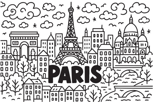 A black and white vector doodle captures the Paris cityscape, featuring the Eiffel Tower, charming cafes, and old buildings in sketch style.

