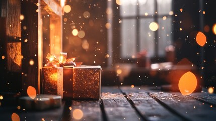 Gift box with glowing lights and sparkles on wooden floor in warm magical holiday night atmosphere