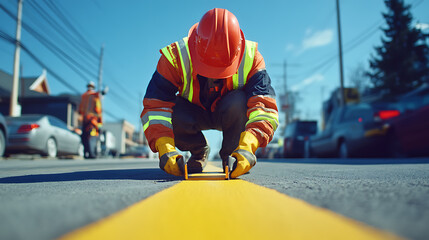Fototapeta premium Construction Worker Applying Yellow Paint on Road