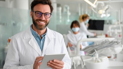Dentist smiling and using digital tablet in dental clinic