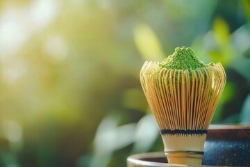 detailed color picture of closeup of matcha tea powder in wooden spoon with bamboo whisk