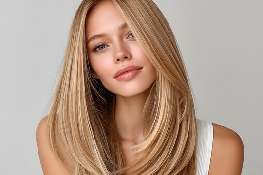 A stunning young woman with long, straight, blonde hair and a soft, natural makeup look that highlights her beautiful features against a minimalist background
