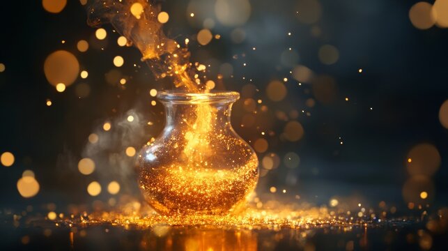 Glowing golden potion bottle with sparkles and bokeh on dark background in magical fantasy elixir scene visual