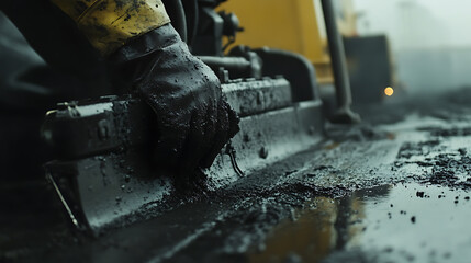 Worker Applying Asphalt During Road Construction