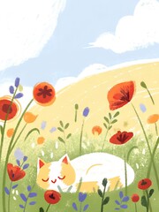 A cute yellow and white kitty peacefully resting in a lush green meadow full of blooming wildflowers,  poppies, lavender, blossoms, the kitty is sleeping peacefully.  Kids room wall art poster.