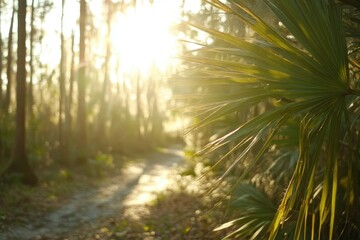 detailed picture of closeup of saw palmetto leaves under sunlight with a blurry background